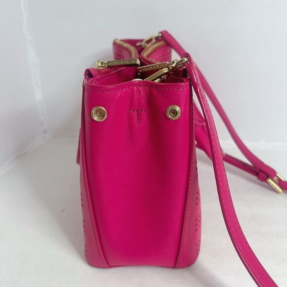 Tory Burch Robinson Fuchsia Double Zip Perforated Handbag Pink Leather Purse - Picture 4 of 14